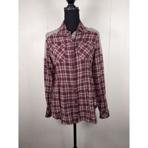 Free People Top Womens Xs Purple Burgundy Plaid Button Up Catch Up With Me Fall